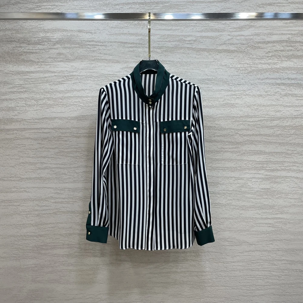 

2021 Autumn winter new fashion striped patchwork thick silk shirt for women