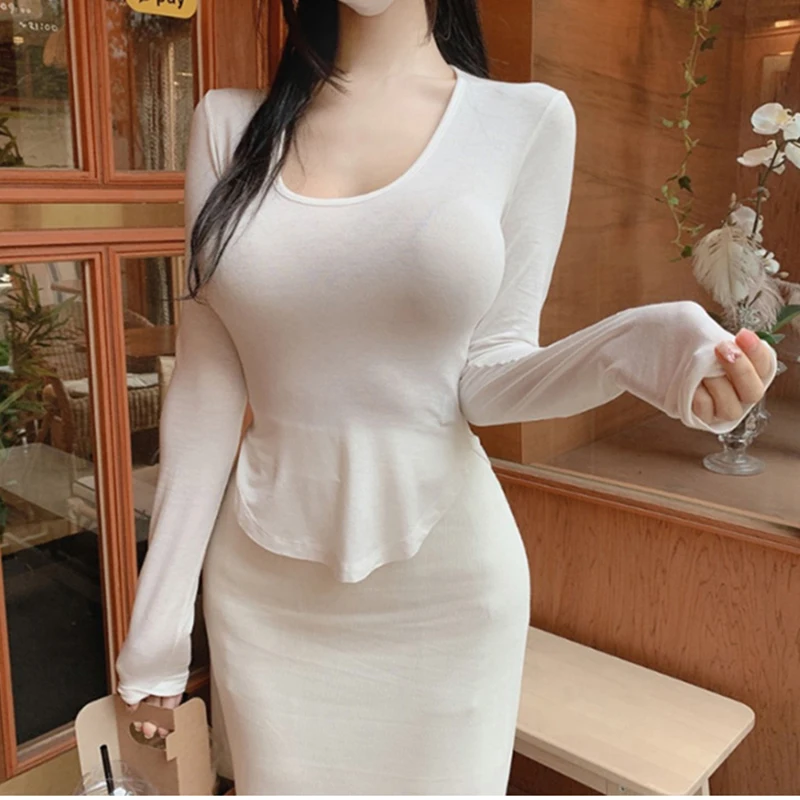 

LJSXLS Skinny T Shirt Women Solid Slim T-shirts Korean Style Long Sleeve Top Cotton Tee Shirt Femme Spring Autumn Poleras Mujer