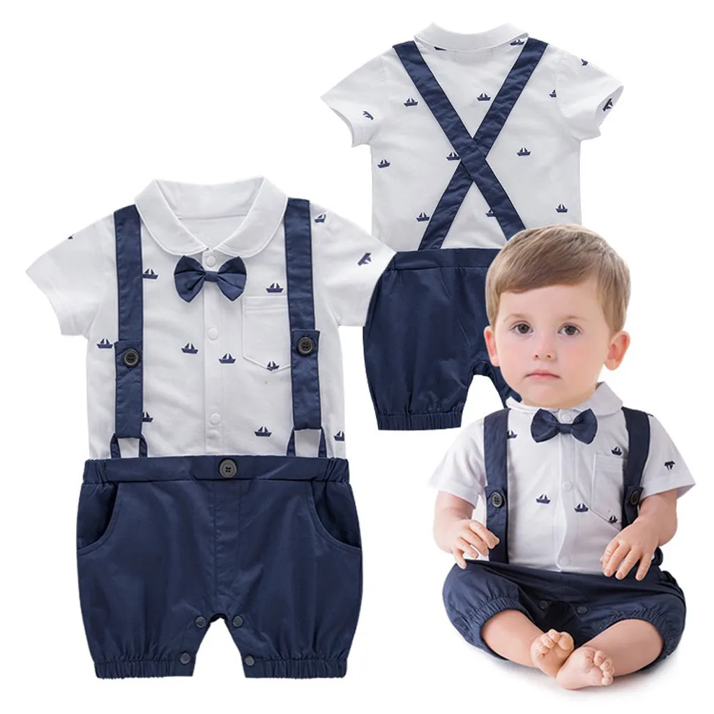 0-3T baby short-sleeved bowknot cartoon printing suspenders gentleman suit Siamese fashion jumpsuit solid S4 |