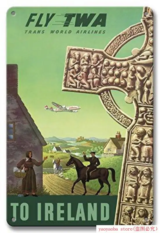 Винтажный оловянный знак в Ирландия Fly TWA (транс мира авиалиний) кельтский крест S.