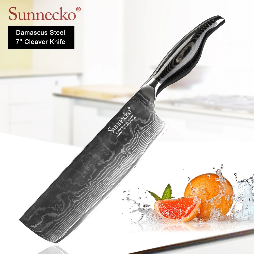 

SUNNECKO 7 inch Nakiri Cleaver Knife Damascus Steel Japanese VG10 Sharp Blade kitchen knives Pakka Wood Handle Meat Cutter Tools