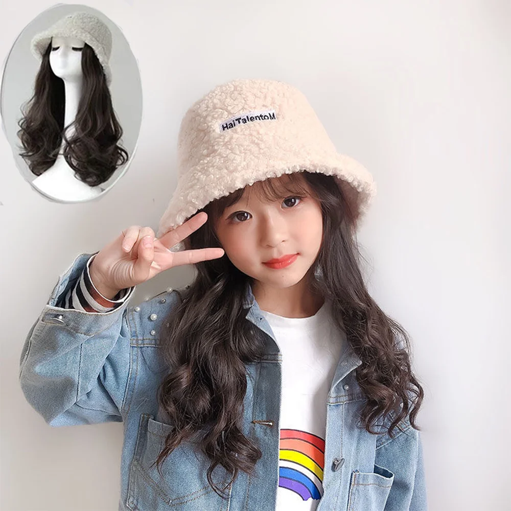 FGY Cute Children's Hat One-Piece Wavy Long Curly Hair Hat Wig Ladies Long Straight Hair Hat Wig Heat-Resistant Fiber Daily Wear