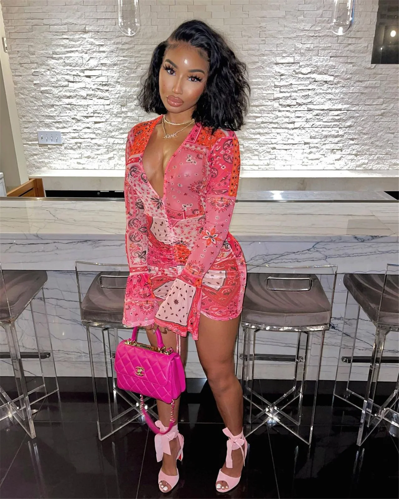 

Sheer Mesh Printed Mini Dress Flare Sleeve Long Sleeve See Through V-neck Elegant Sexy Party Dresses Drawsting Clubwear