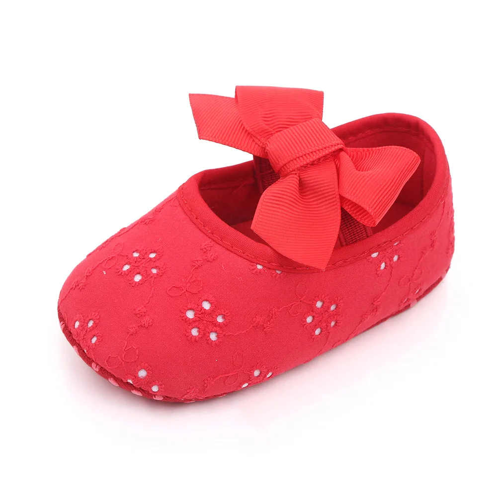 

Baby Girls First Walkers with Grips Cute Princess Satin Bow Non-slip Shoes with Strap Embroidered Pattern