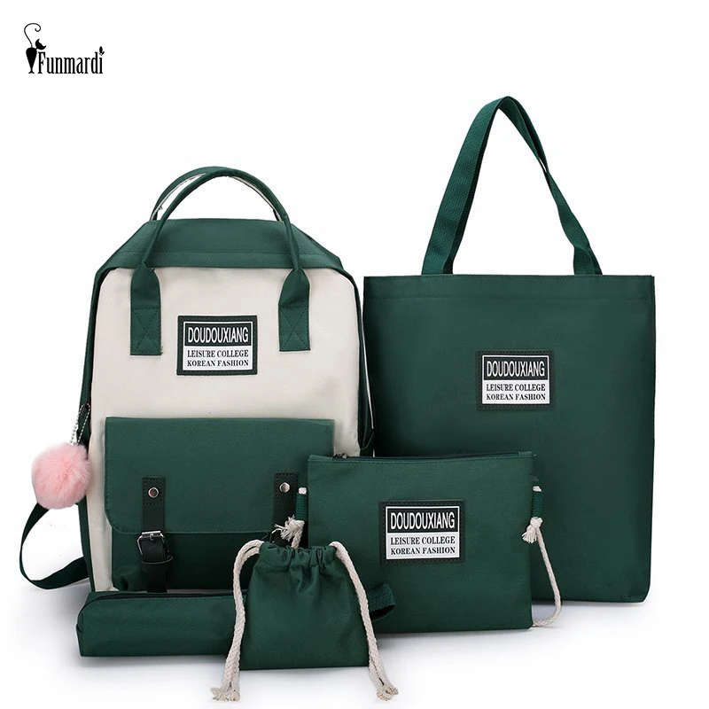 

FUNMARDI 5Pcs/Set Women Canvas Backpack High Quality Travel School Bag Multi-Functional Shoulder Bag Fashion Contrast Color Bags