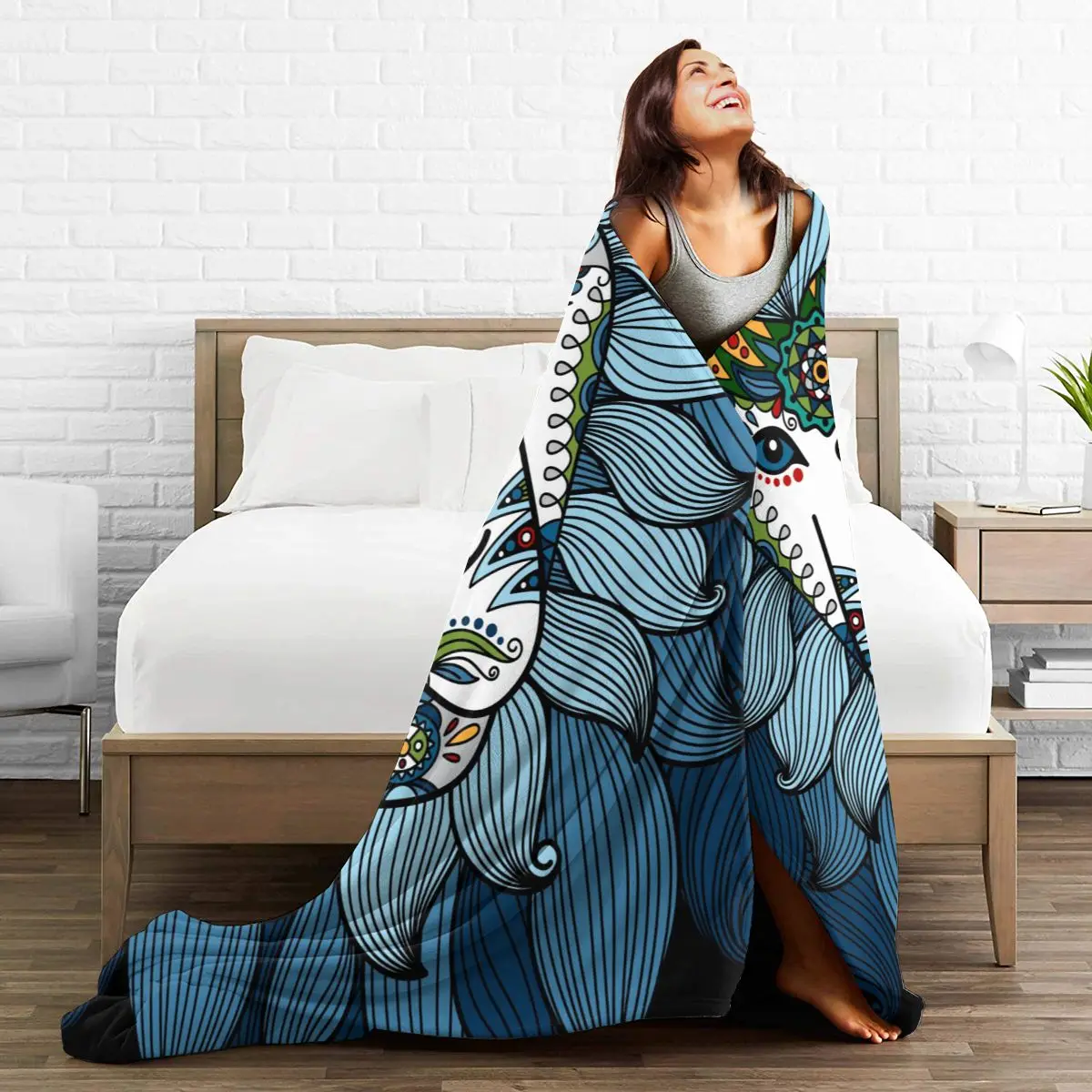 

Soft Warm Fleece Blanket Lion Head With Ethnic Floral Winter Sofa Plaid Throw 3 Size Light Thin Mechanical Wash Flannel Blankets