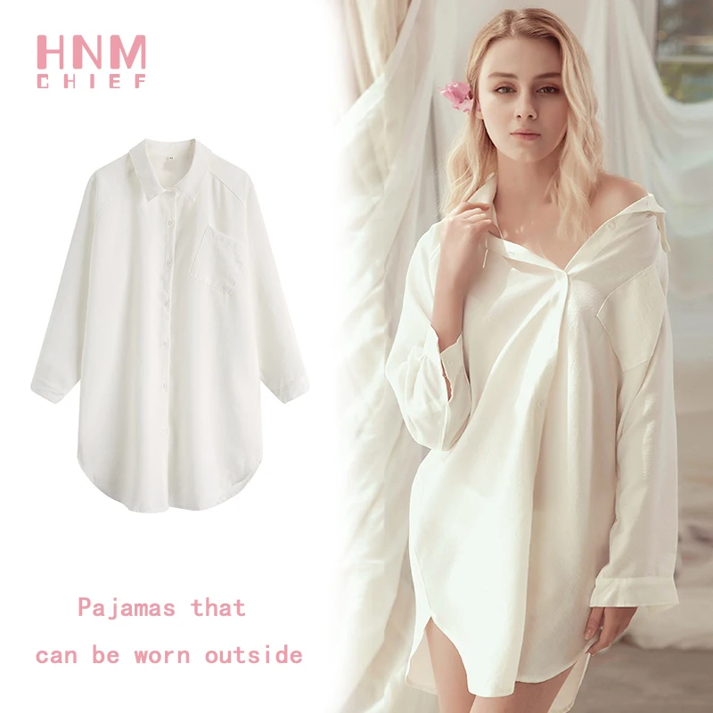 HNMCHIFE White Sleep Shirt Sexy Sleepwear Women Long Sleeve Nightgown Button Down Night shirt Soft Sleep Tops Comfy Pajama Top