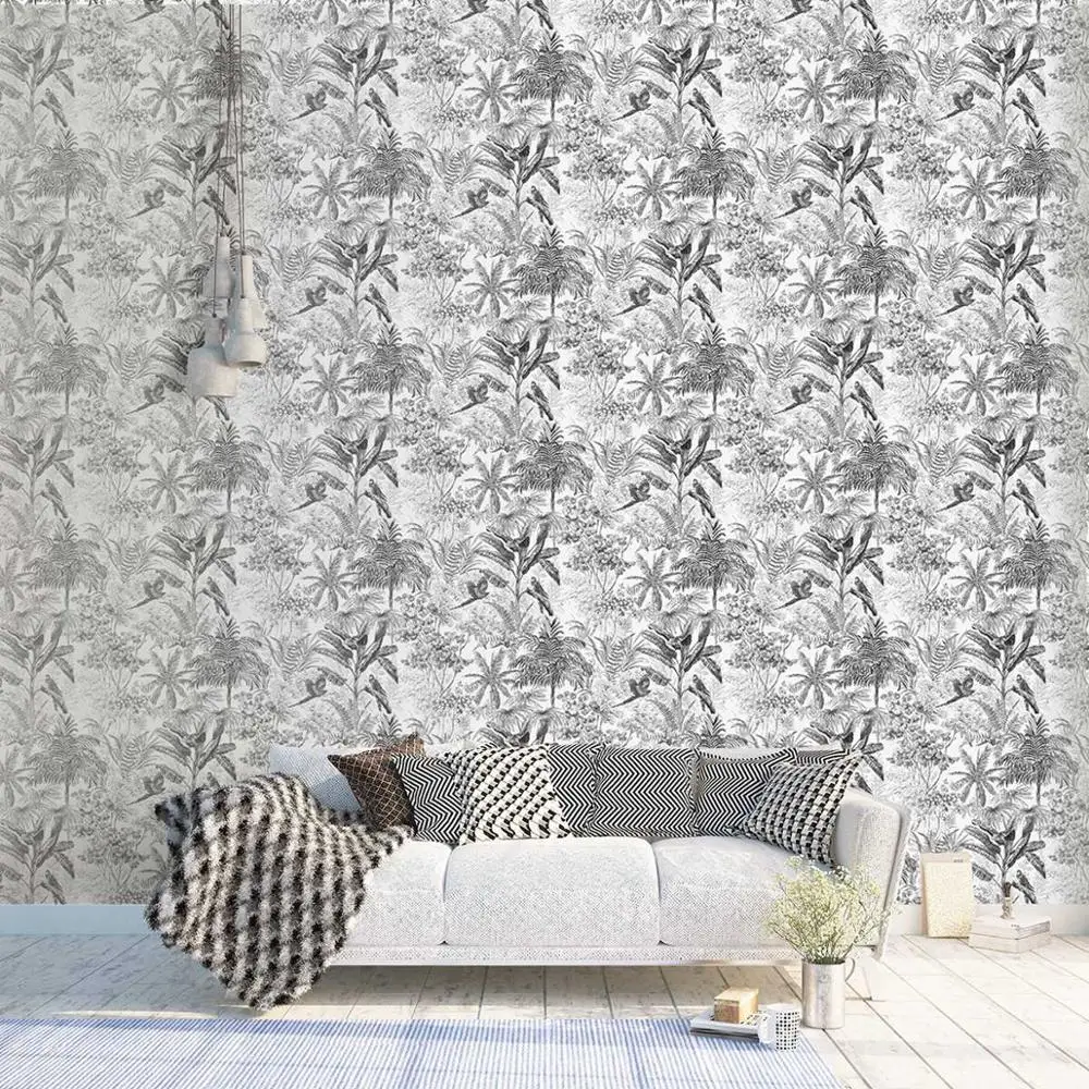 Черно белый скандинавский тропический обои птиц летать в Джунгли Лес PW423330104