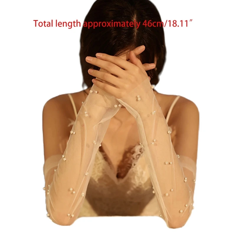 

Womens Wedding Mesh Tulle Fingerless Long Gloves Shiny Imitation Pearl Jewelry Beaded Sheer Sunscreen Bridal Arm Covers