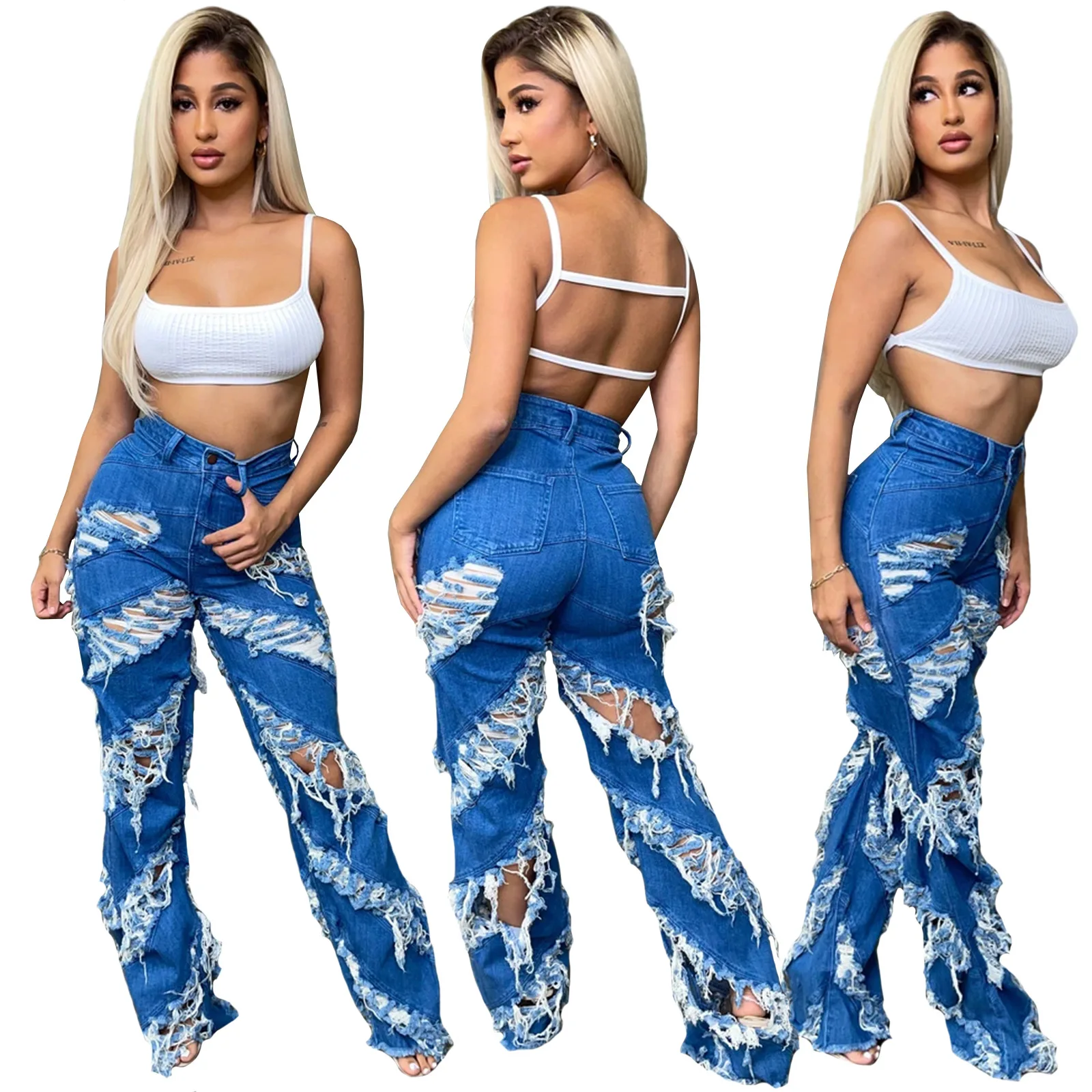 

Streetwear Women Sexy Ripped Jeans INS Hottest High Waist Hollow Out Tassels Sanding Straight Denim Pants Autumn 2021