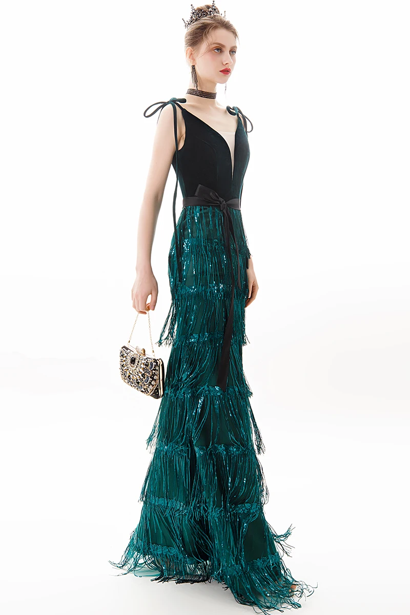 wei yin AE0380 Long Evening Dress Green Sequins Tassel Fashion Spaghetti Strap Party Gowns Formal Zipper Prom Dresses | Свадьбы и