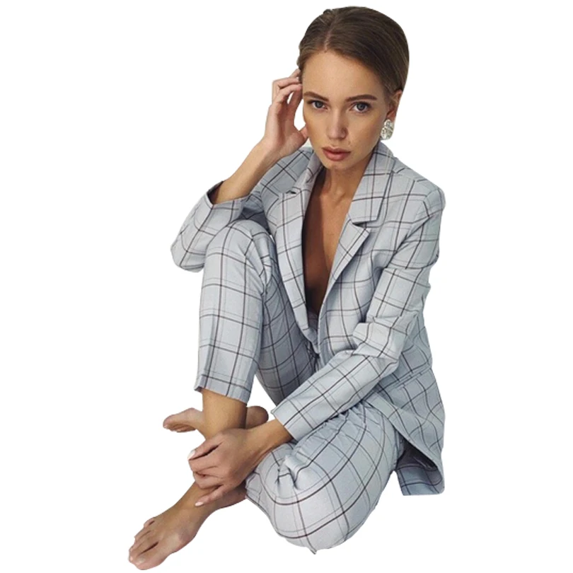 MVGIRLRU, клетчатый блейзер с длинным рукавом, комплект с брюками, Женская Осенняя рабочая одежда, женские костюмы из двух частей