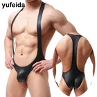 Сексуальное мужское нижнее белье, комбинезоны, трико из искусственной кожи, цельное нижнее белье, боди для реслинга, костюм, сценическая Клубная одежда, сумочка для пениса