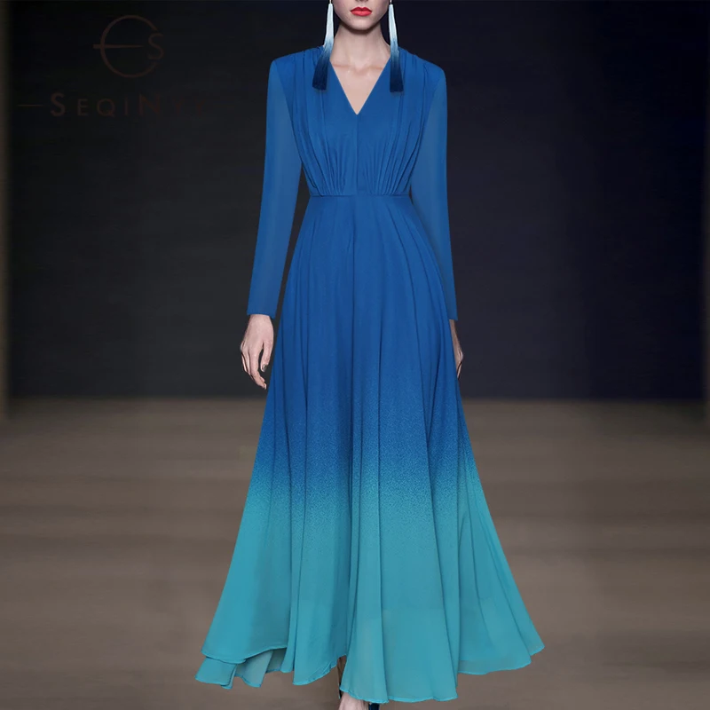 

SEQINYY Party Long Dress Summer Spring New Fashion Design Women Runway Long Sleeve Gradient Printed High Quality Elegant Belt