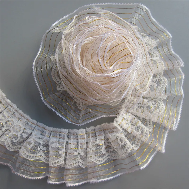 1 ярд 2-слойная Золотая плиссированная вуаль пилообразные кружева оборки