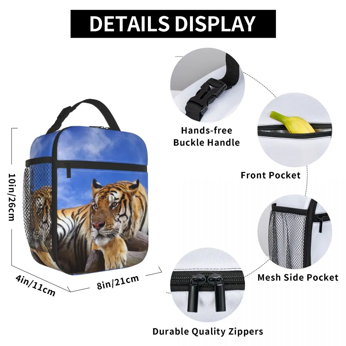 

Tiger With Blue Sky Lunch Bag for Women Men Large Insulated Lunch Box with Water Bottle Holder and Pockets