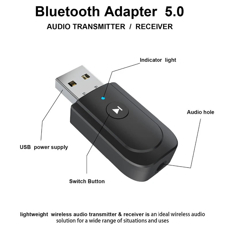 

USB Bluetooth 5.0 Adapter Mini 3 in 1 Wireless Music Audio Receiver Transmitter 3.5mm AUX for TV PC Headphones Car