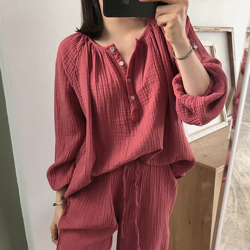 Korean Cotton Line Home Suit Women Solid Vintage Sleepwear Soft Pajamas Set Sweet Loose Buttons Lace Up Long Pants Tow Piece Set