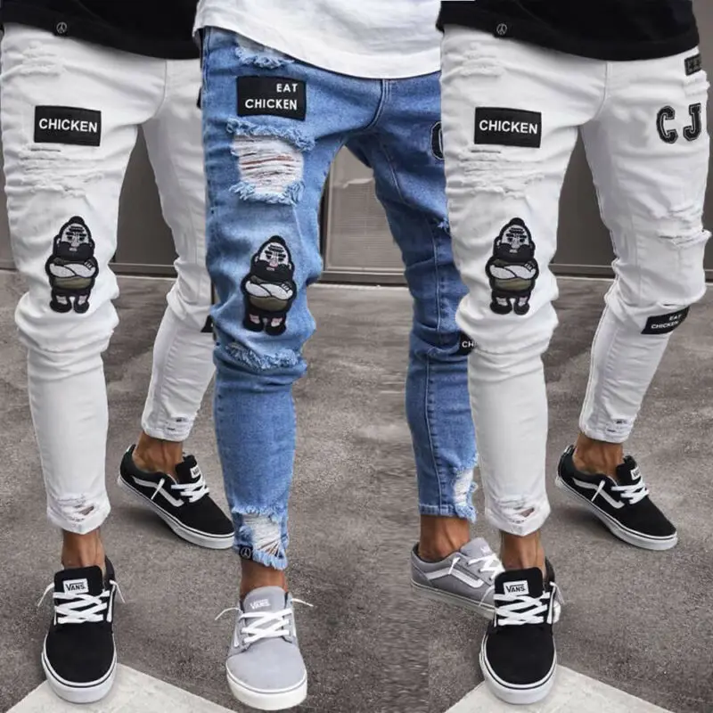

2020 New Fashion Men Ripped Biker Skinny Jeans Frayed Destroyed Trousers Casual Denim Pants S-3XL Slim Fit Denim Scratched Jean