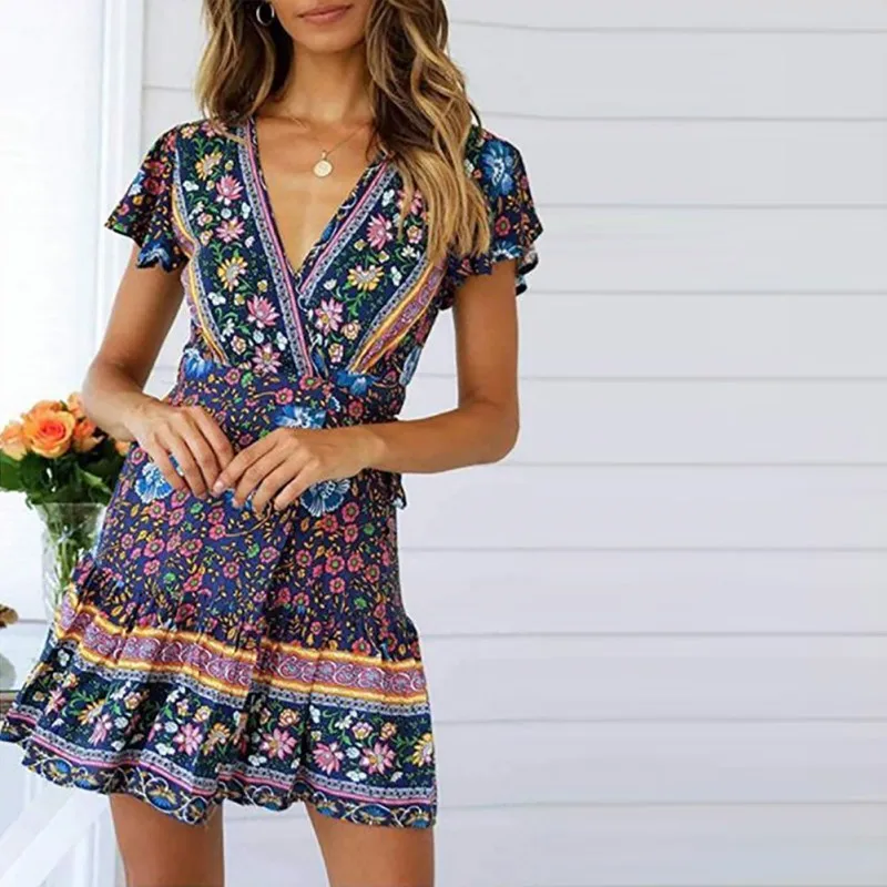 

Women's Dress Mini Dress Floral Print Short Sleeve V-neck Bohemia Style Holiday r