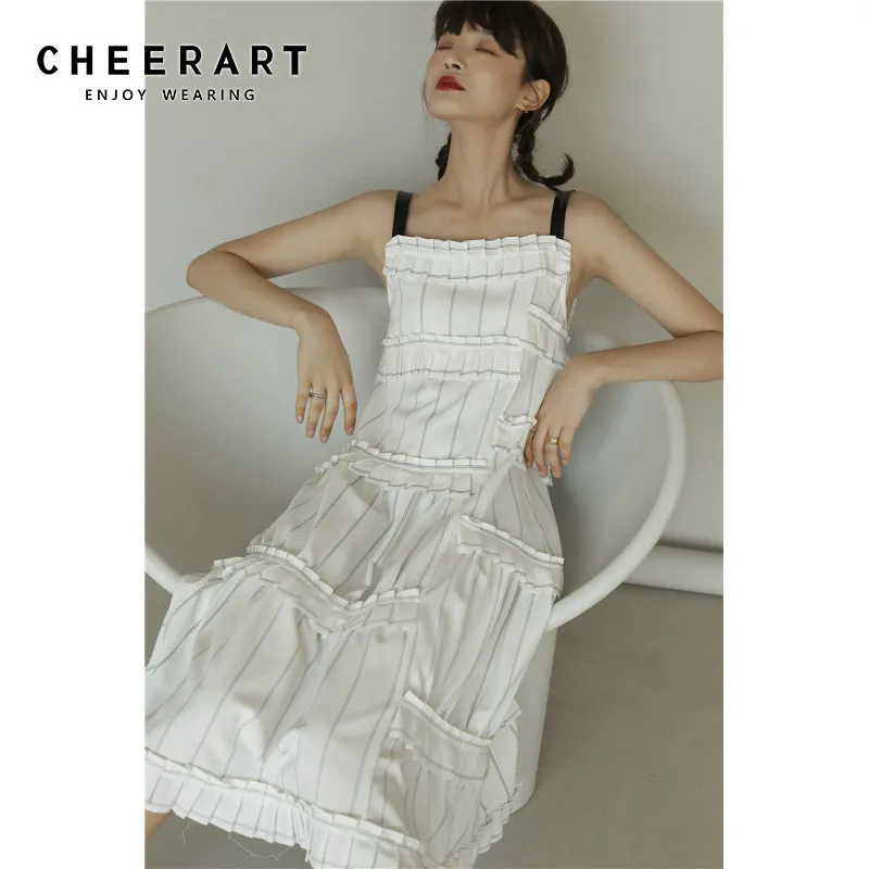 Женское длинное платье-миди CHEERART белое Полосатое лоскутное летнее дизайнерское