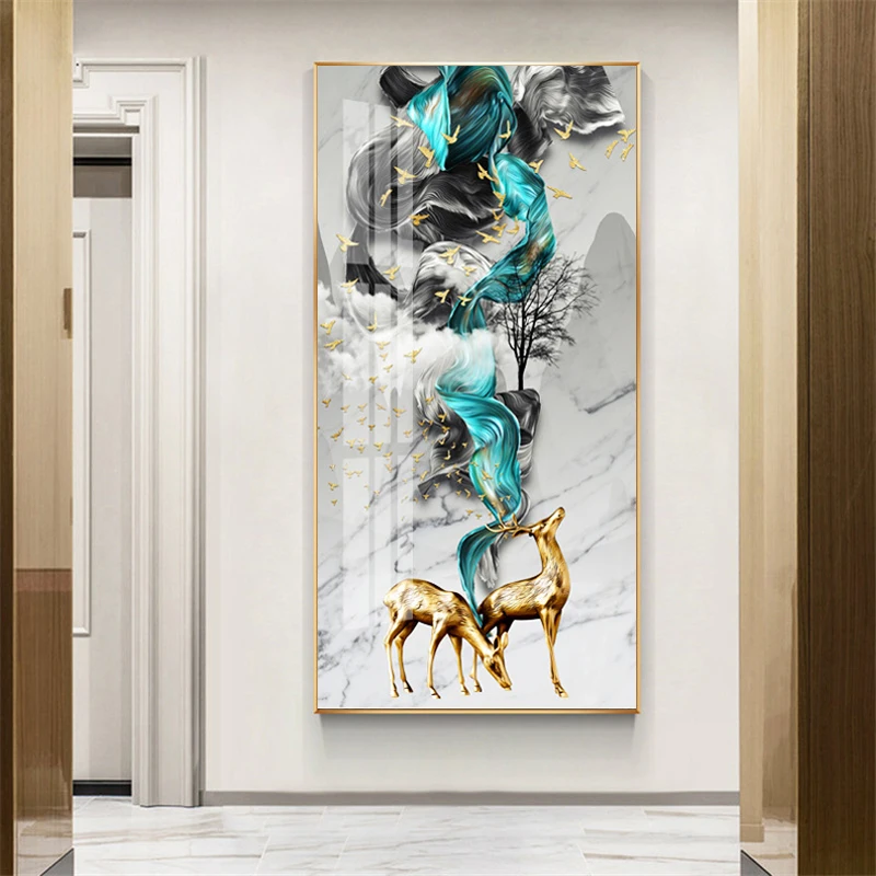 

Blue Green Golden Yellow Elk Abstract Poster Nordic Canvas Print Wall Art Painting Modern Picture Living Room Decoration
