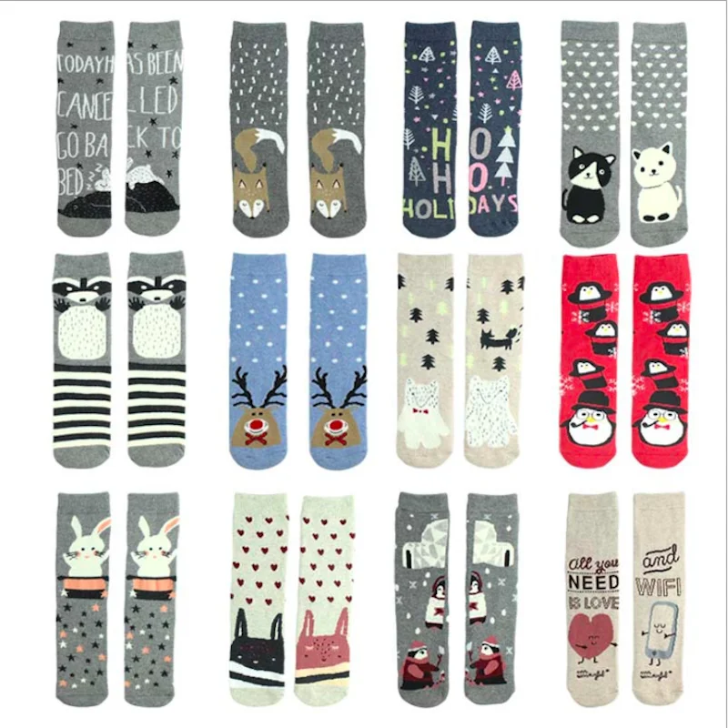 Рождественские носки женские хлопковые теплые махровые с милыми мультяшными