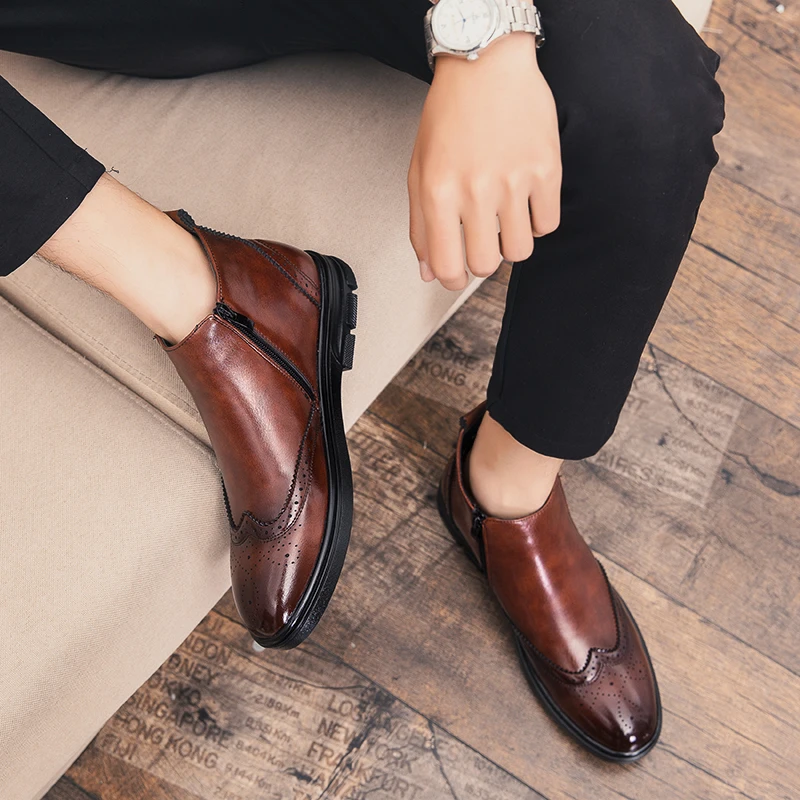 

New Brand Men's Boots Casual Natural Leather Men Shoes Outdoor Motorcycle Boots Comfortable Ankle Boots High Top Fashion Brogue