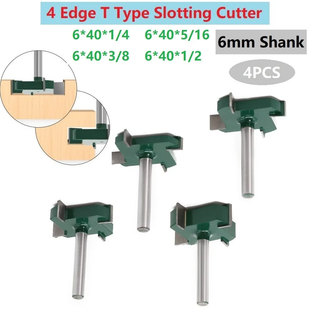

4pcs 1/4"6mm Shank 4 Edge T Type Slotting Cutter Woodworking Tool Router Bits For Wood Industrial Grade Milling Cutter Slotting