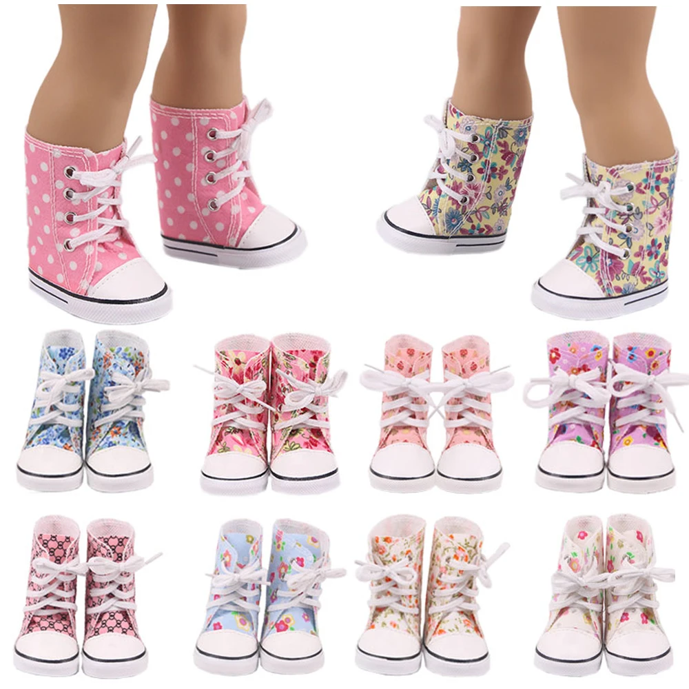 7Cm Doll Shoes New Fashion Pattern Lace Canvas High-Top Boots For 18Inch Girl Doll 43Cm Reborn Baby Doll Clothes,Generation Gift