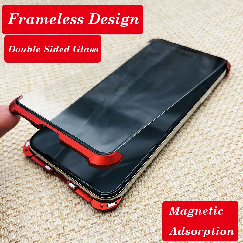 Double Sided Glass Magnetic Hybrid Case For iphone X XS MAX XR 10 6 7 8 6S Plus Borderless Frameless Glazing Flip 360 Full Cover |
