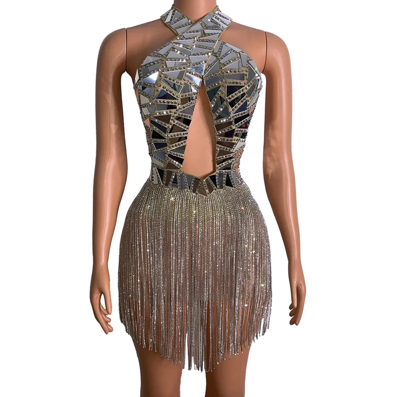 

Sexy shiny silver mirror fringed dress stage performance costume bar Latin dance concert DJ singer/dancer costume