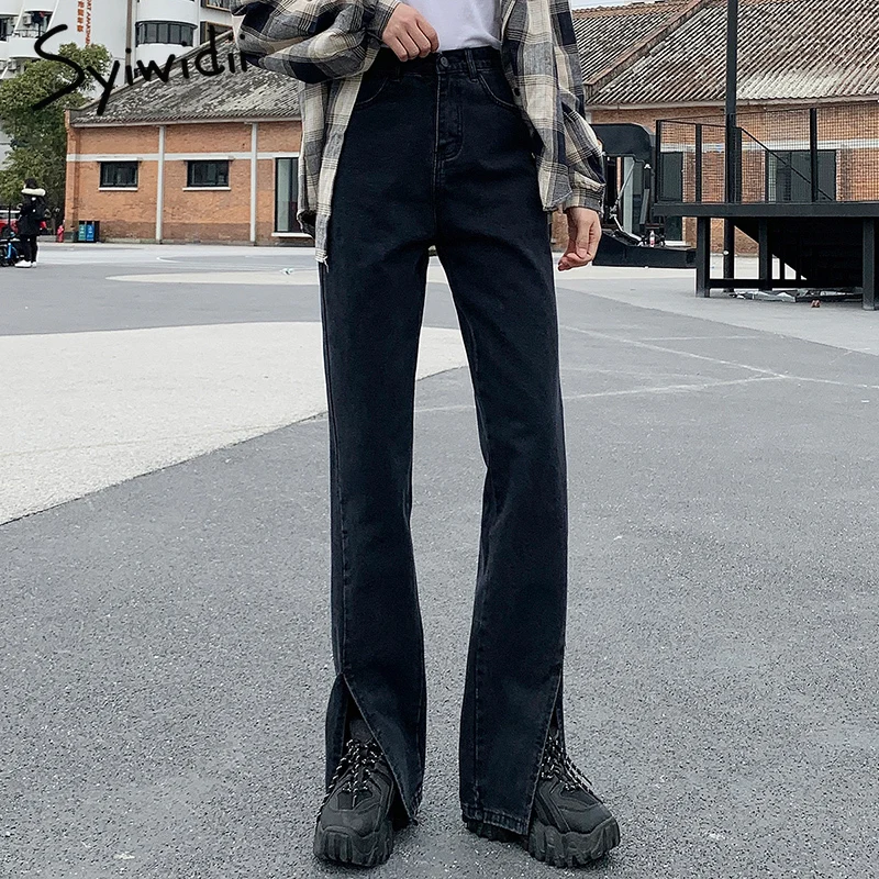 

FAKUNTN Syiwidii Women Jeans Black Flare Pants Front Side Slit Leg 2021 Fall High Waisted Bell Bottom Jeans Full Length Denim