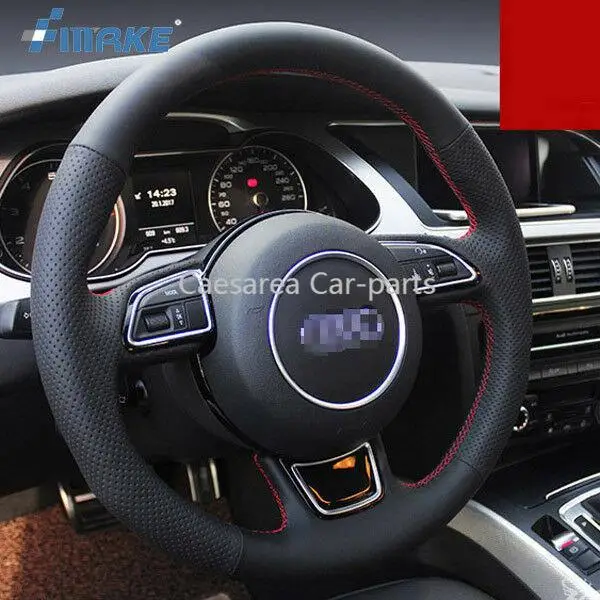 

For Audi A4 DIY Hand Sewing Steering Wheel Cover Black Leather Red Thread