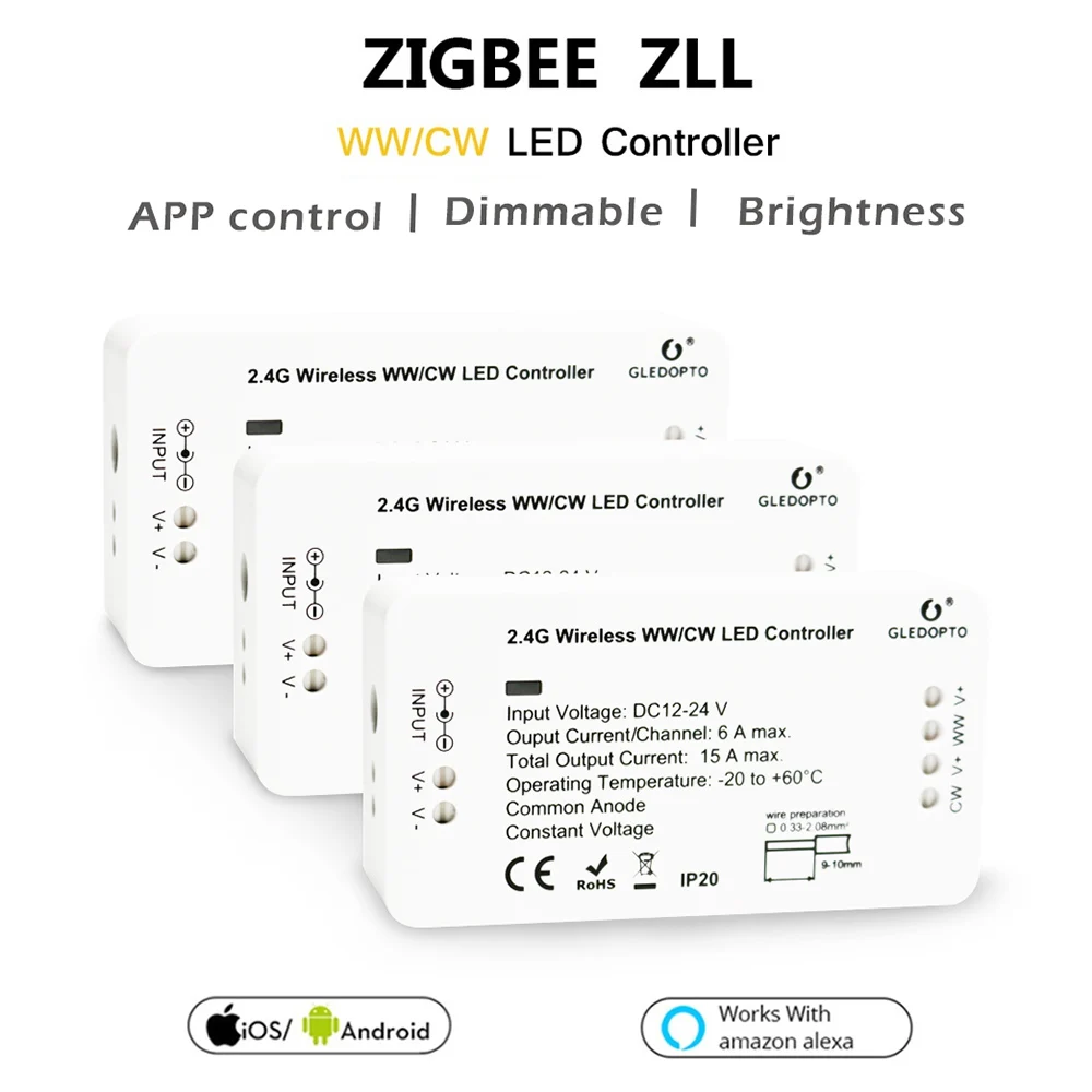 G светодиодный OPTO Zigbee светодиодный контроллер CCT Беспроводное управление Умный дом мост WW CW Светодиодная лента диммер 12 В 24 В Работа с Alexa Echo