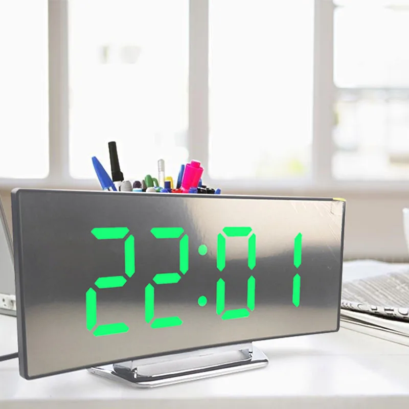 Светодиодный цифровой будильник изогнутые зеркальные электронные часы с