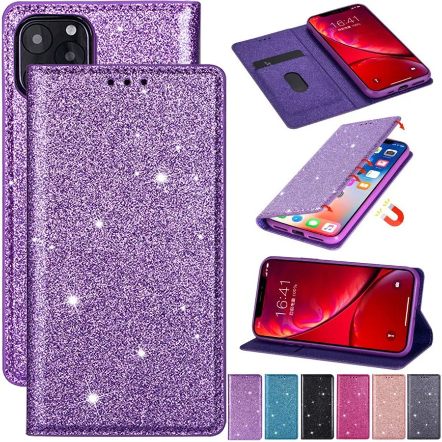 

Bling Glitter Women Wallet Case For 11 Pro Max X XR XS Ultra-Thin PU Leather Flip Stand Case For iPhone 7 8 6 6s Plus 5 5S Cover