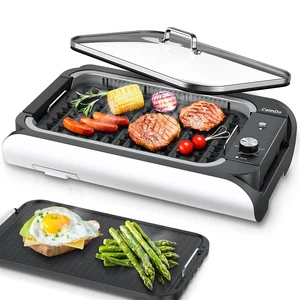 indoor 1000w electric grill smoke free eectric grill with 2 grill plates with adjustable temperature and glass lid non stick free global shipping