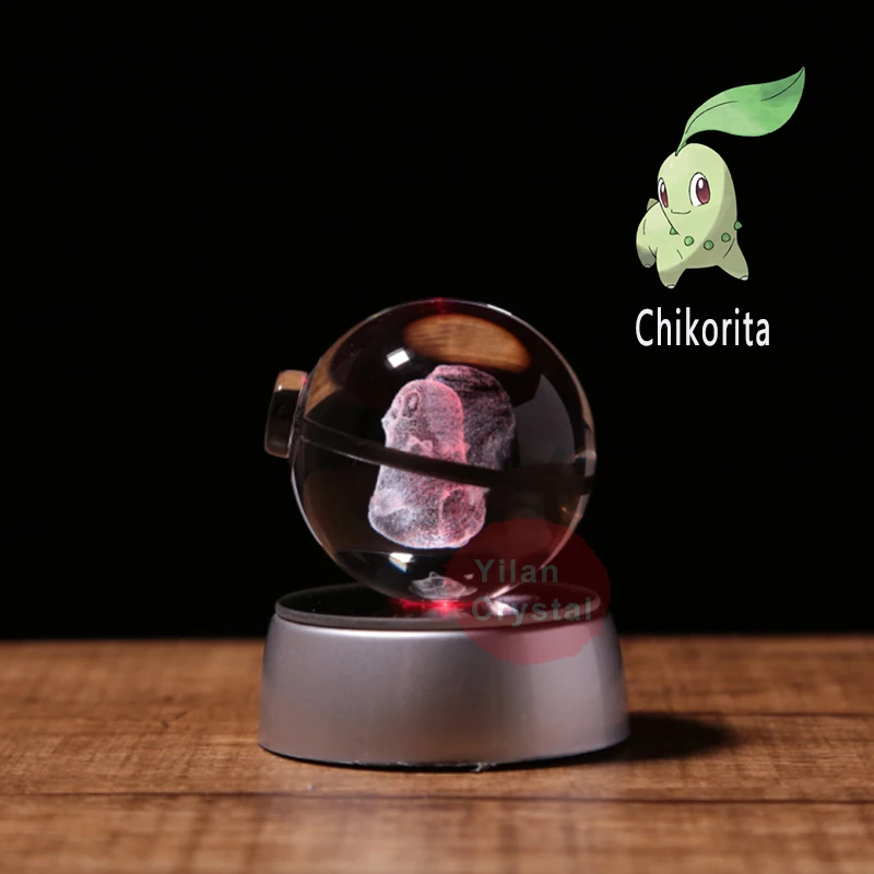 Pokemon Anime Figure Models Pokeball Clear 3D Engraving Chikorita Crystal Ball with LED Light