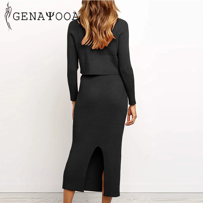 Genayooa Elegant Office Lady Knit Sweater Two Piece Set Jumper Knee Length Skirt Vintage Women Outfit 2 |