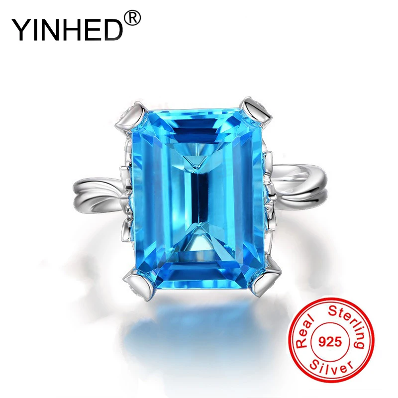 

YINHED Luxury Big Blue Crystal Zircon Ring Original Solid 925 Sterling Silver Engagement Rings for Women Wedding Jewelry ZR565