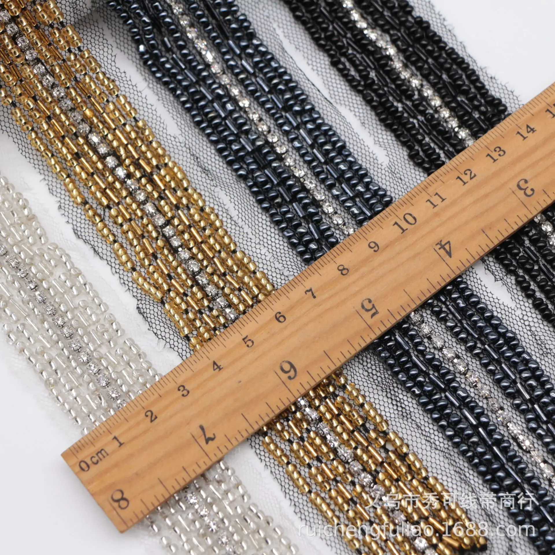 

2Yards Gold Blue Beading Pearl Trim Beaded Crystal Ribbons For Sewing Clothing Collar Headdress Accessories Mesh Lace Decoration