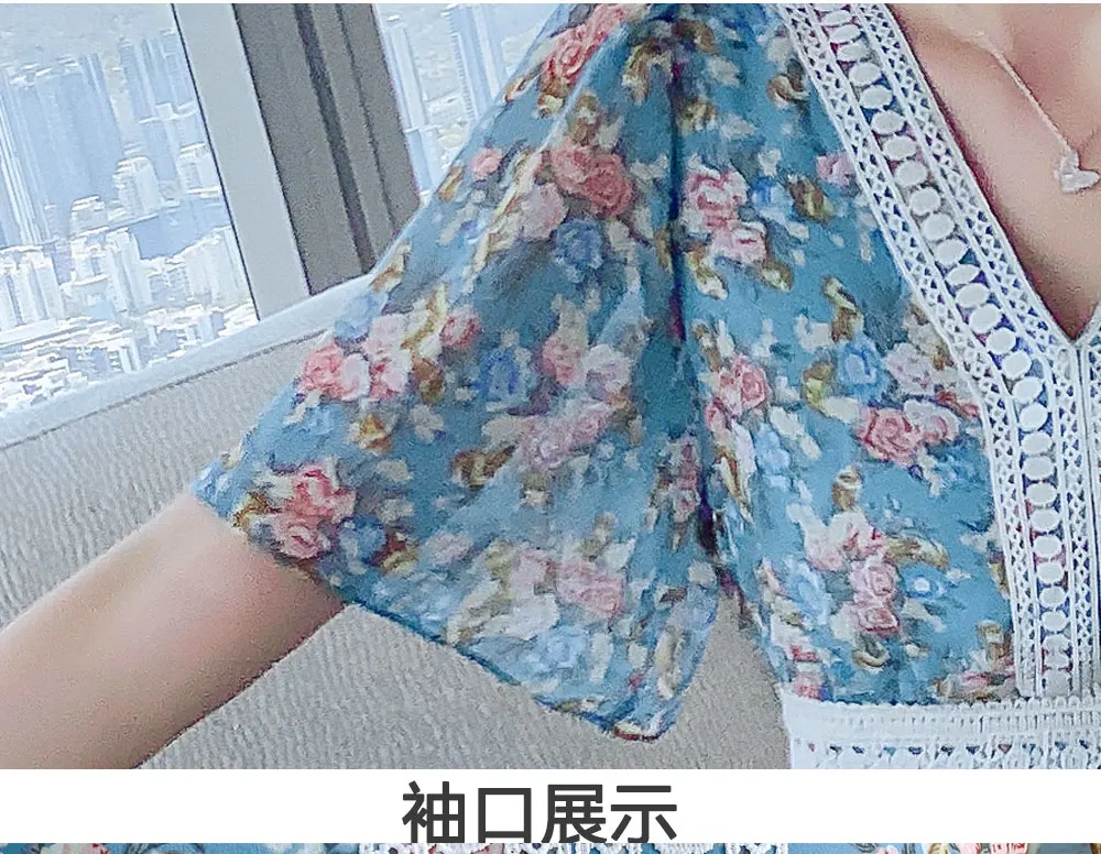

Lace Splicing Short Sleeve Chiffon Elegant Dress Korean Style V-Neck Flower Print High Waist Party Dress For Female 2021 Summer