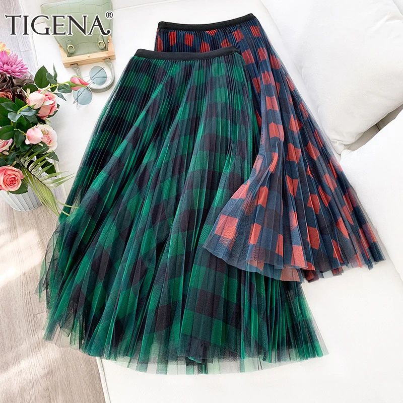 TIGENA Long Plaid Tulle Skirt Women Fashion 2021 Summe Elegant A Line High Waist Pleated Checked Maxi Skirt Female Ladies Green
