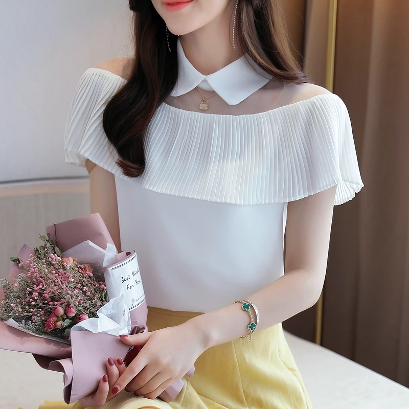 

New 2021 Summer Women Turn Down Collar Short Sleeves Mesh Patchwork Chiffon Shirts Female Casual Pullover Tops Shirt Blouse
