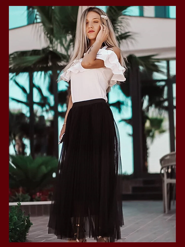 Dotfashion Женские Летние Стильные Новые поступления черные тюлевые сетчатые плиссированные юбки миди с эластичной талией милые женские юбки-клеш