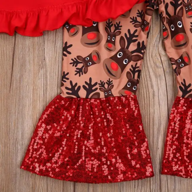 

Fashion Girl Clothing Set Christmas Round Neck Long Sleeve Top and Cartoon Print Pants Xmas Party Girls Clothing