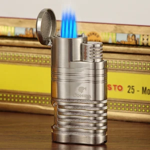 Металлическая карманная зажигалка COHIBA, роскошная ветрозащитная 4 струйная фонарь жигалка, Бутановая портативная газовая зажигалка для сигарет, аксессуары для сигар