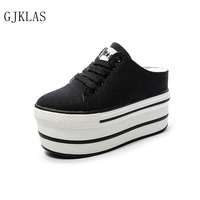 wedges heels platform canvas shoes woman slippers black white ladies shoes chunky sneakers women shoes casual half slippers