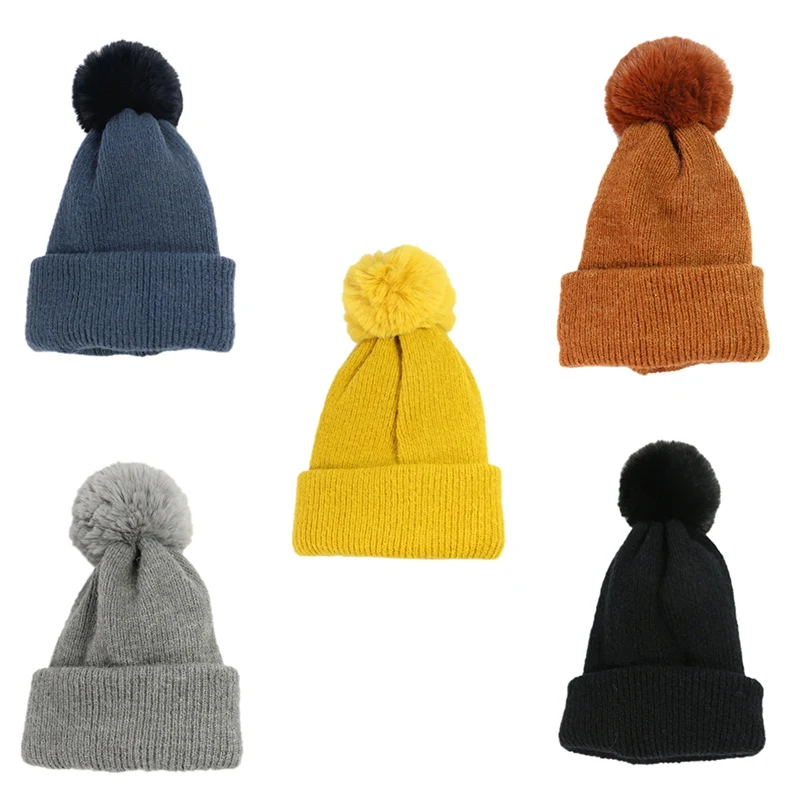 

Winter Cap Women Fashion Casual All-match Solid Color Cute Knitted Ball Decoration Cap Dual-purpose Wool Cap Hat